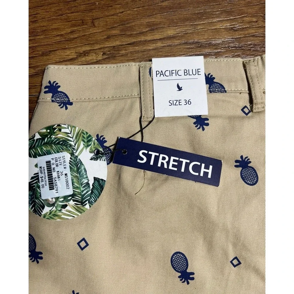 Pacific Blue Men’s Khaki Chino Shorts Blue Pineapple Design size 36 New